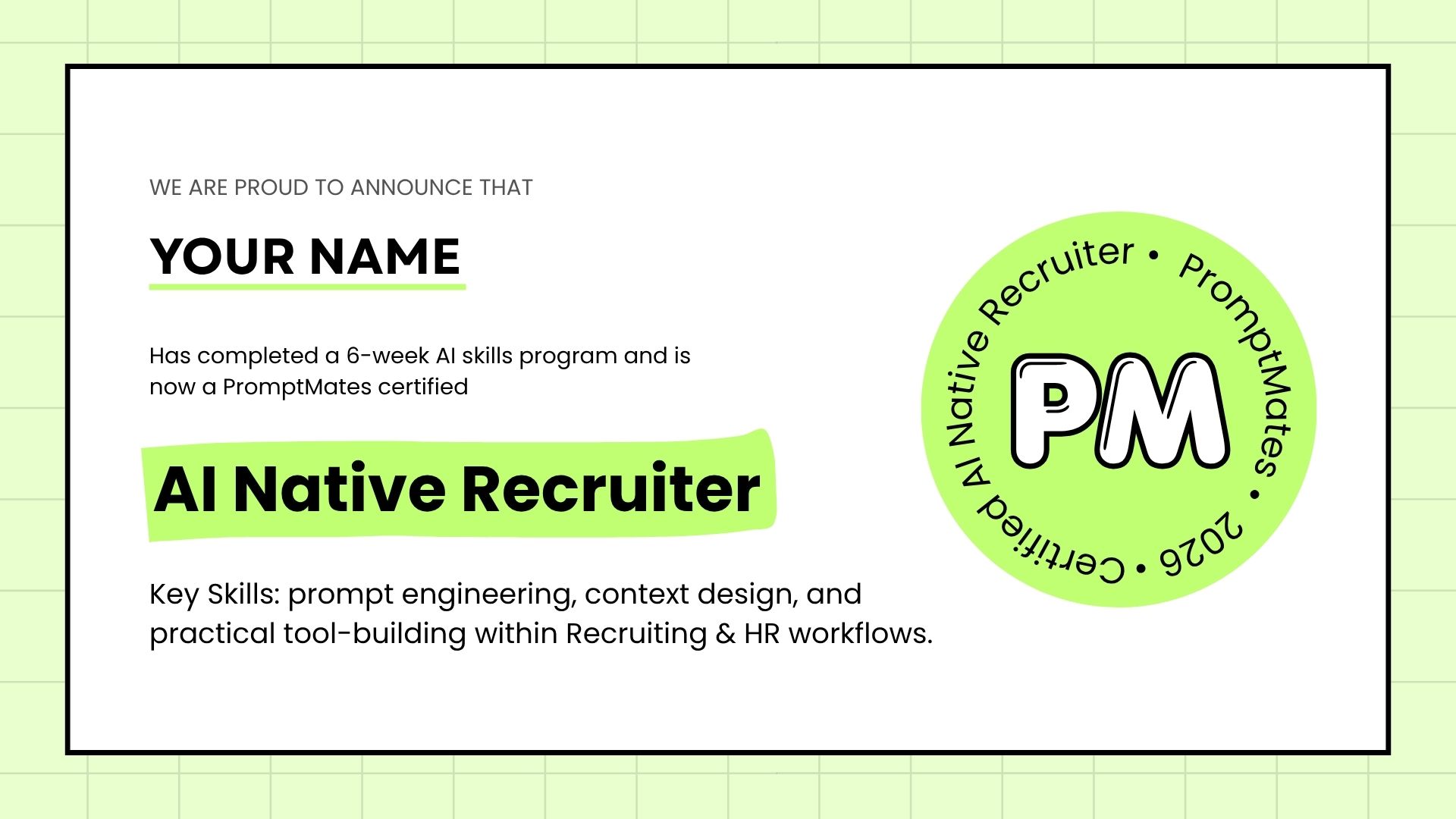 Sample PromptMates AI Native Recruiter certificate